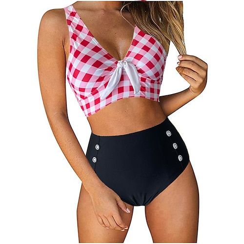

Women's Swimwear Bikini 2 Piece Normal Swimsuit Open Back Printing High Waisted Plaid Rosy Pink Tank Top V Wire Bathing Suits Sexy Vacation Fashion / Modern / New