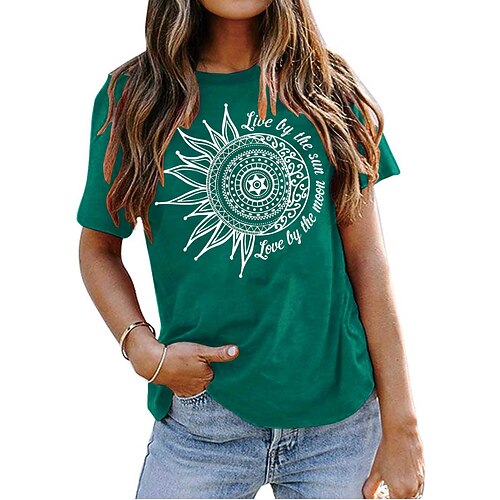 

Women's T shirt Tee Green Pink Yellow Graphic Letter Print Short Sleeve Daily Going out Basic Round Neck Regular 100% Cotton S