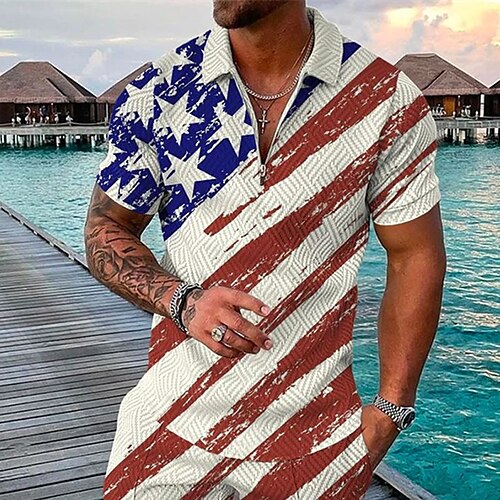 

Men's Collar Polo Shirt Golf Shirt National Flag Turndown WhiteRed 3D Print Street Daily Short Sleeve Zipper 3D Clothing Apparel Fashion Casual Comfortable / Beach