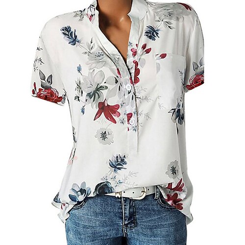 

Mujer Camisa Blusa Blanco Rosa Rojo Floral Estampado Manga Corta Diario Noche Ropa de calle Cuello Camisero Regular L