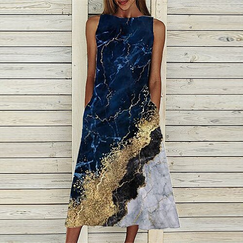 

Women's A Line Dress Midi Dress Blue Navy Blue Sleeveless Color Gradient Geometric Pocket Print Spring Summer Crew Neck Casual Vacation 2022 S M L XL XXL 3XL