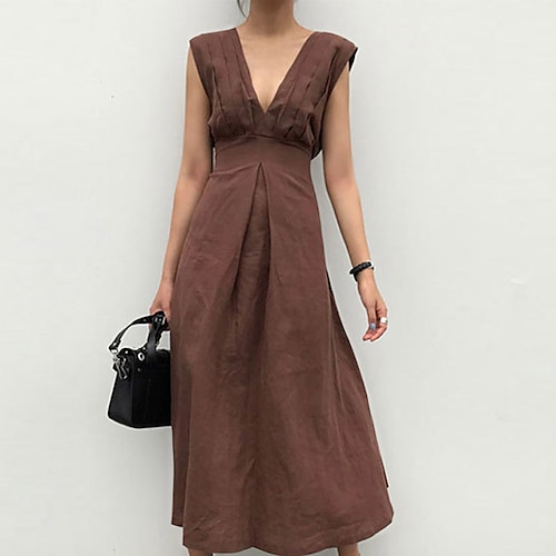 

Mulheres Vestido casual Vestido midi Preto Azul Marron Sem Manga Cor imaculada Franzido Primavera Verão Decote em V Profundo à moda 2023 S M L XL XXL 3XL