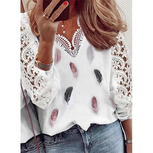 

Spring And Summer Women's Lace Lace Top Printing Stitching Long-Sleeved Shirt