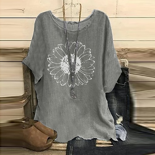 

Women's Blouse Shirt Peasant Blouse Gray Sunflower Patchwork Print Short Sleeve Casual Daily Vintage Round Neck Regular Cotton Bohemian Theme S