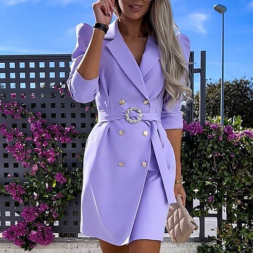 

Mini robe Femme Robes de blazer Manches 3/4 Hiver Automne - Moderne Bouton Avec ceinture Couleur monochrome Col de Chemise 2022 Noir Violet Rose Claire Kaki Blanche S M L XL XXL