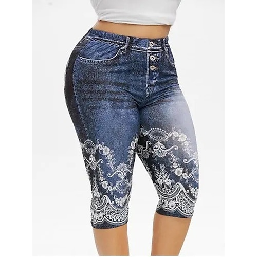 

Women's Pants Trousers Capri shorts Faux Denim Blue Purple Dark Blue Mid Waist Fashion Office / Career Casual Weekend Print Micro-elastic Calf-Length Comfort Flower / Floral S M L XL XXL / Slim