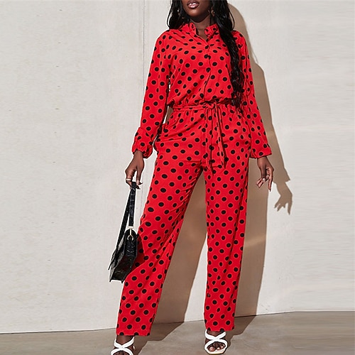 

Women's Jumpsuit Button Print Polka Dot Shirt Collar Casual Street Daily Regular Fit Long Sleeve White Black Red S M L Fall