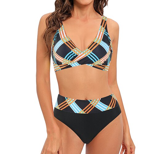 

Women's Swimwear Bikini 2 Piece Plus Size Swimsuit Backless Printing fold over Striped Tie Dye Light Blue Green Blue Yellow V Wire Bathing Suits New Stylish Vacation / Sexy / Geometic