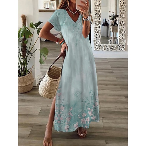 

Women's Shift Dress Maxi long Dress Green Blue Purple Pink Light Blue Short Sleeve Floral Color Gradient Split Print Spring Summer V Neck Casual Vacation 2022 S M L XL XXL 3XL