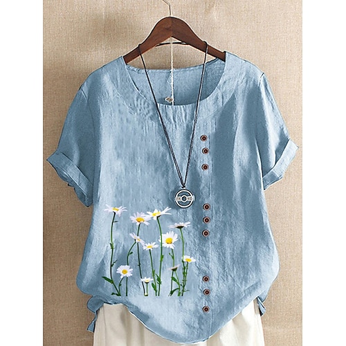 

Mulheres Camisa Social Branco Amarelo Verde Claro Floral Margarida Botão Imprimir Manga Curta Diário Final de semana Roupa de rua Casual Decote Redondo Padrão Tema Flores S