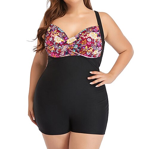 

Women's Swimwear One Piece Monokini Bathing Suits Plus Size Swimsuit Backless Tummy Control fold over Print Flower Black V Wire Bathing Suits New Stylish Sporty / Vacation / Modern