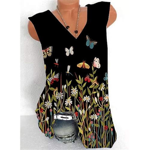 

Women's Plus Size Tops Tank Top Floral Butterfly Zipper Print Sleeveless V Neck Streetwear Daily Holiday Cotton Spandex Jersey Spring Summer Black