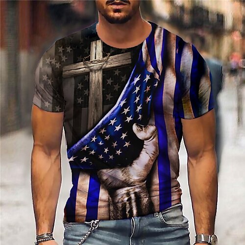 

Men's Unisex T shirt Tee 3D Print Graphic Prints Hand National Flag Crew Neck Street Daily Print Short Sleeve Tops Designer Casual Big and Tall Sports Royal Blue / Summer