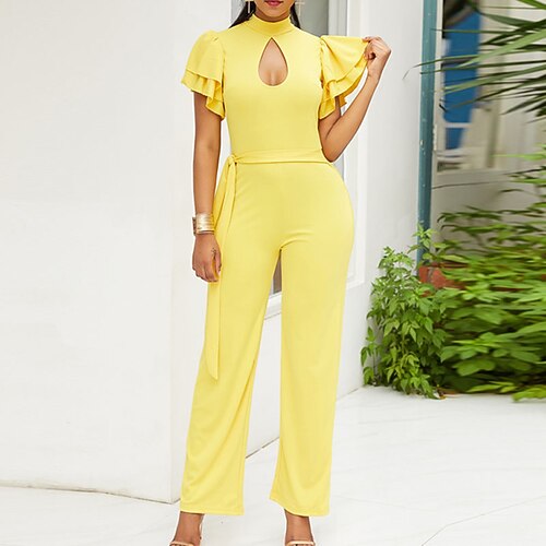

Women's Jumpsuit Ruffle Cut Out Solid Color Stand Collar Elegant Party Vacation Regular Fit Short Sleeve Black Yellow Fuchsia M L XL Spring