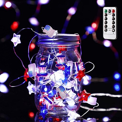 

4th of July LED String Lights Independence Day Fairy Lights Battery Operated 8 Modes with Remote for American National Day Memorial Day Patriotic Party Supplies Decoration