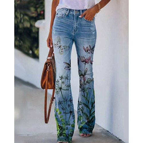 

Women's Pants Trousers Bell Bottom Faux Denim Green Light Green Dark Green High Waist Fashion Streetwear Casual / Sporty Casual Daily Print Micro-elastic Full Length Flower / Floral S M L XL XXL