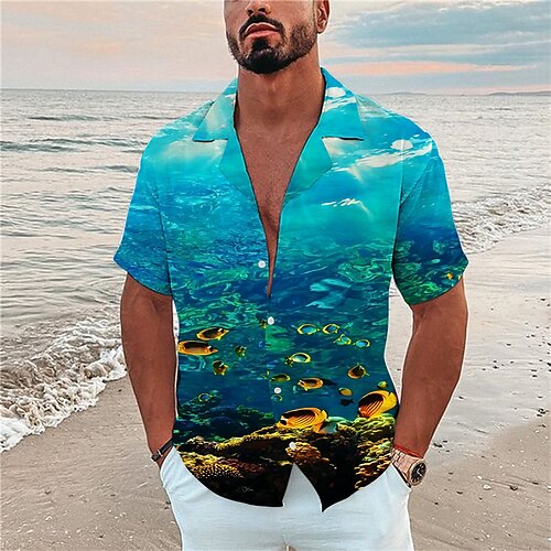 

Homme Chemise Chemise Camp Chemise graphique Chemise Aloha Monde sous marin Col rabattu Bleu Vert Bleu de minuit 3D effet Extérieur Plein Air Manche Courte Bouton bas Imprimer Vêtement Tenue Mode