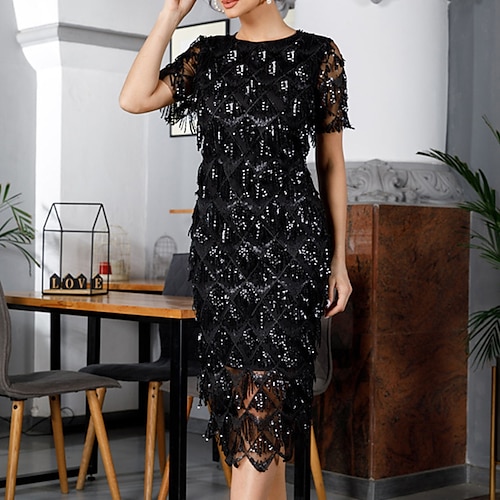 

Women's Party Dress Fringe Dress Sheath Dress Midi Dress Black Short Sleeve Pure Color Sequins Spring Summer Crew Neck Party Slim 2023 S M L XL XXL