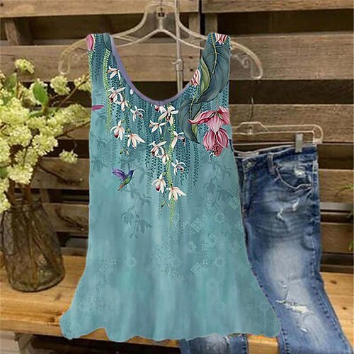 

Women's Plus Size Tops Tank Top Floral Print Sleeveless V Neck Streetwear Daily Holiday Cotton Spandex Jersey Spring Summer Blue