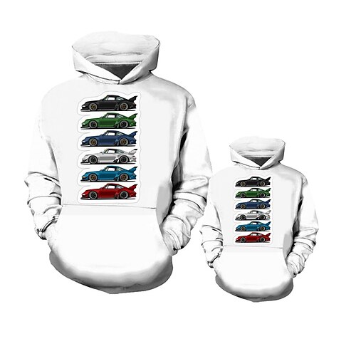 

Dad and Son Hoodie Cartoon Car Street Print White Long Sleeve Active Matching Outfits
