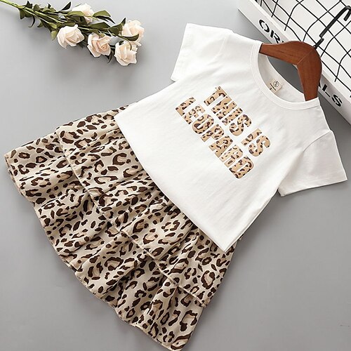 

2 Pieces Kids Girls' T-shirt & Skirt Clothing Set Outfit Leopard Letter Short Sleeve Print Cotton Set Outdoor Active Daily Spring Summer 2-8 Years Pink White