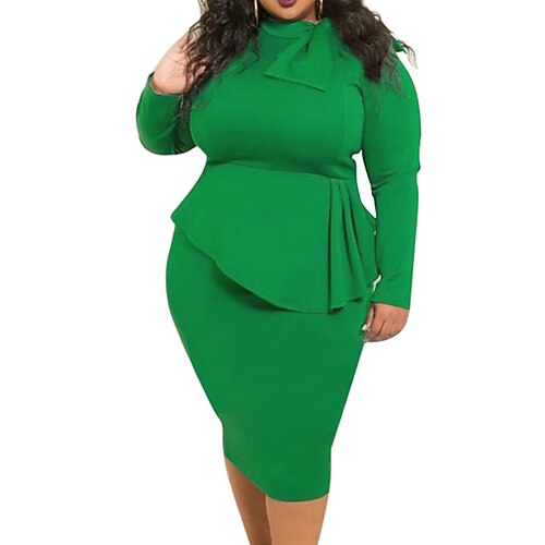 

Women's Plus Size Holiday Dress Solid Color Turtleneck Ruffle Long Sleeve Spring Fall Work Sexy Midi Dress Daily Date Dress / Bow
