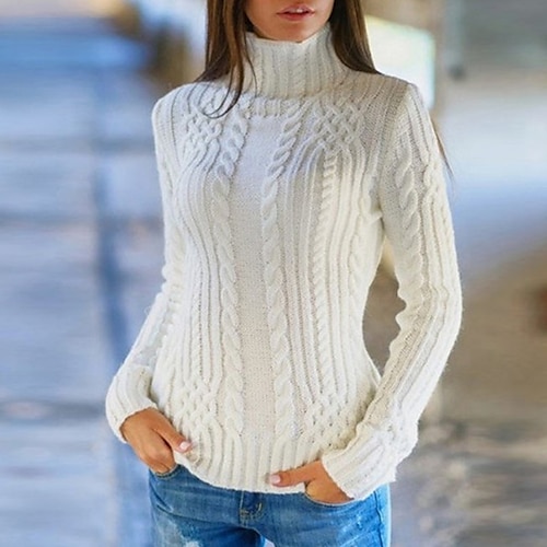 

Women's Pullover Sweater Jumper Turtleneck Cable Knit Acrylic Knitted Fall Winter Cropped Outdoor Daily Holiday Stylish Casual Soft Long Sleeve Solid Color Black White Red S M L