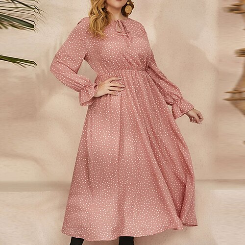 

Women's Plus Size Casual Dress Polka Dot Crew Neck Print Long Sleeve Fall Winter Casual Maxi long Dress Causal Daily Dress