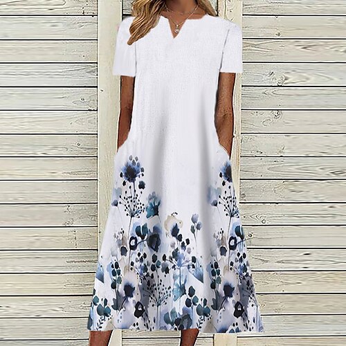 

Mulheres Vestido casual Vestido midi Azul Branco Manga Curta Floral Bolsos Primavera Verão Decote V 2022 S M L XL XXL 3XL