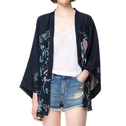 

Women's Shirt Shrugs Navy Blue Floral Print Long Sleeve Daily Weekend Streetwear Casual V Neck Regular Floral S / 3D Print