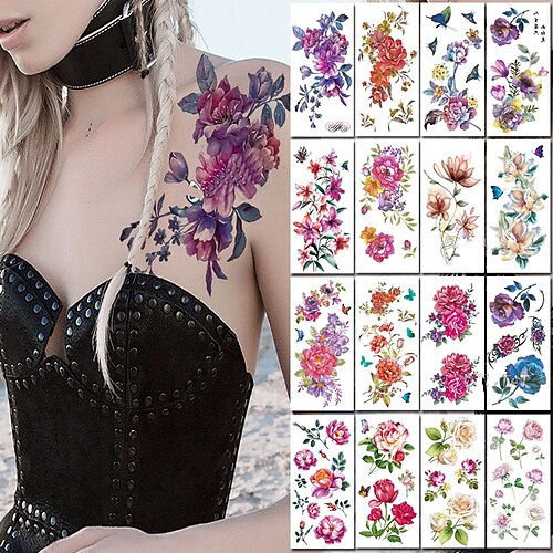 

16PCS Purple Watercolor Rose Lily Flower Waterproof Tattoo Stickers Women Body Chest Art Temporary Tatto Girl Waist 3D Flowers Tatoo