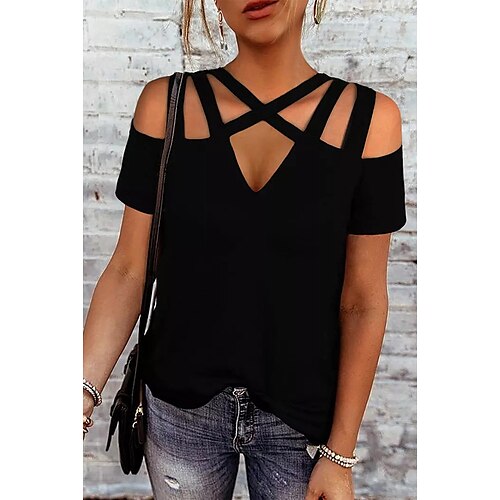 

Women's Plain Casual Weekend T shirt Tee Short Sleeve Cut Out V Neck Basic Essential Tops Black S