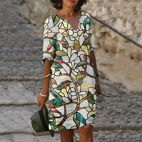 

Women's Shift Dress Knee Length Dress Green Gray Red Half Sleeve Floral Print Spring Summer V Neck Elegant Casual 2022 S M L XL XXL 3XL
