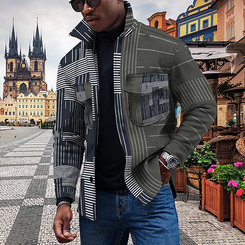 

Herren Flanelljacke Flanell Hemden Hemd Kragenhemd Hemdjacke Geometrisch Gestreift Umlegekragen Grau 3D-Druck Outdoor Strasse Langarm Tasche Bedruckt Bekleidung Strassenmode Sport Casual