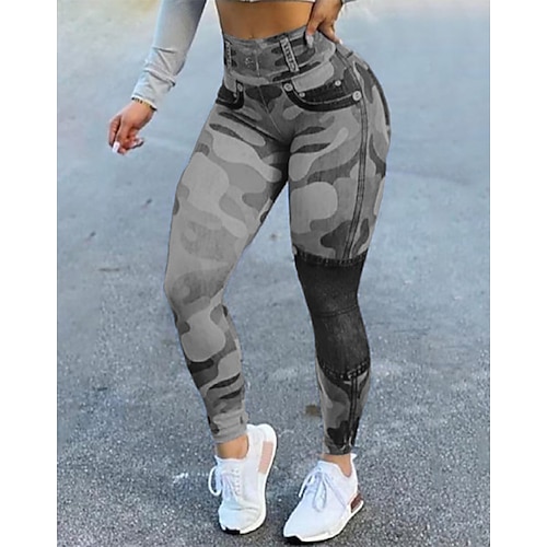 

Women's Tights Leggings Faux Denim Gray High Waist Fashion Casual Weekend Print Micro-elastic Ankle-Length Comfort Camouflage S M L XL XXL / Slim