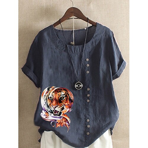 

Women's Animal Daily Holiday Weekend Shirt Short Sleeve Button Print Round Neck Tops Loose Green White Blue S