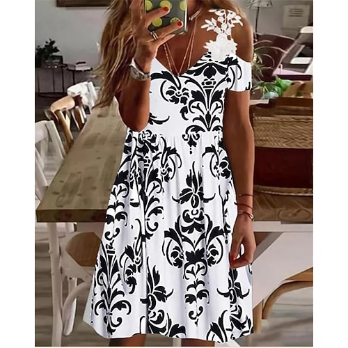 

Women's A Line Dress Knee Length Dress White Short Sleeve Floral Lace Cold Shoulder Print Spring Summer V Neck Casual Vacation 2022 S M L XL XXL 3XL