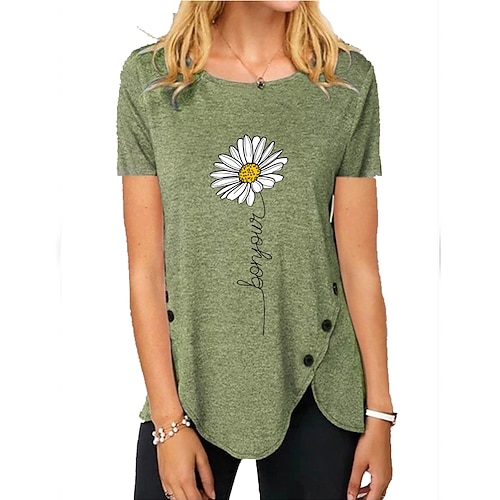 

Women's Blouse Shirt Green Blue Purple Daisy Button Print Short Sleeve Casual Daily Casual Round Neck Regular Loose Fit Plus Size S