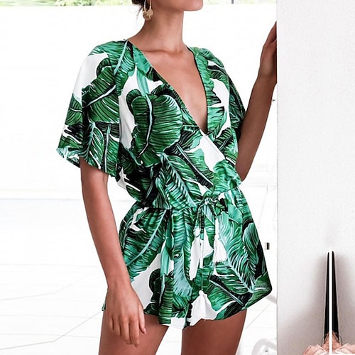 

Mujer Mono Volante Correa Estampado Escote en Pico Ropa de calle Calle Diario Ajuste regular Manga Corta Verde Trébol S M L Primavera