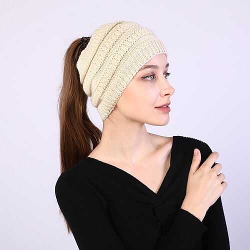 

Autumn Winter Hats For Women Empty Top Ponytail Knitted Hat Solid Autumn Soft Warm Stretch Caps Beanie Hat