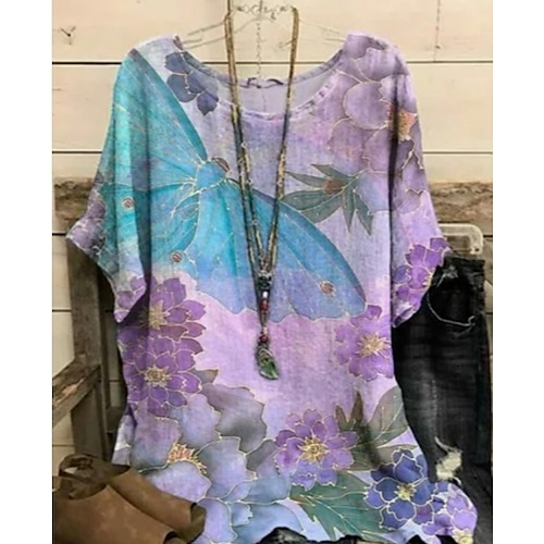 

Mulheres Camisa Social Roxo Floral Borboleta Imprimir Manga Curta Feriado Final de semana Roupa de rua Casual Decote Redondo Padrão Tema Flores Borboleta S