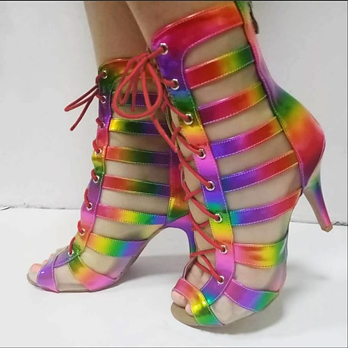 

Women's Dance Boots Tango Shoes Professional Ballroom Dance Samba Party /Prom Sexy Boots Stiletto Heel Boots Boots Fashion Glitter Lace-up High Heel Peep Toe Zipper Adults' Rainbow