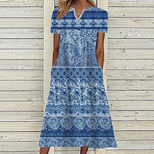 

Women's A Line Dress Midi Dress Blue Gray Wine Short Sleeve Floral Geometric Pocket Print Spring Summer V Neck Casual Vacation 2022 S M L XL XXL 3XL