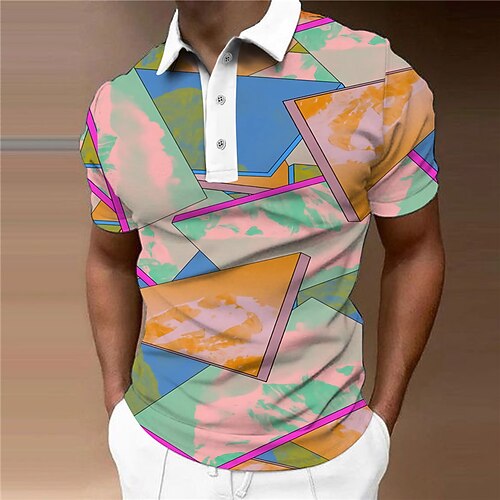 

Men's Collar Polo Shirt Golf Shirt Color Block Turndown Rainbow 3D Print Outdoor Street Short Sleeves Button-Down Print Clothing Apparel Fashion Designer Casual Breathable / Summer / Spring / Summer