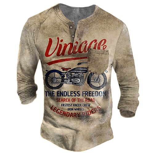 

Men's T shirt Tee Henley Shirt Tee Graphic Letter Motorcycle Henley Khaki 3D Print Plus Size Outdoor Daily Long Sleeve Button-Down Print Clothing Apparel Basic Designer Casual Classic / Sports