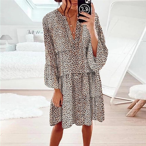 

Women's Loungewear Dress Nighty Leopard Fashion Comfort Home Street Polyester V Wire Long Sleeve Fall Spring Brown
