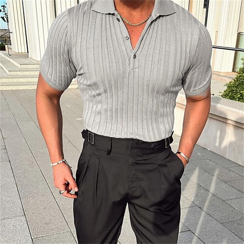 

Men's Collar Polo Shirt Knit Polo Sweater Golf Shirt Striped Turndown Gray Street Casual Short Sleeve Button-Down Clothing Apparel Fashion Casual Comfortable / Beach