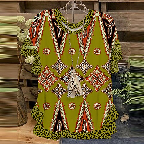 

Women's Plus Size Tops Blouse Shirt Floral Leopard Print Short Sleeve Crewneck Vintage Streetwear Daily Going out Polyester Spring Summer Green Blue