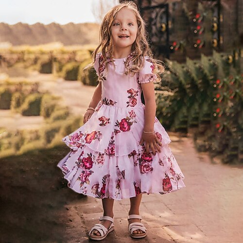 

Kids Little Girls' Dress Floral Plants Daily Print Pink Midi Short Sleeve Elegant Dresses Summer 2-6 Years