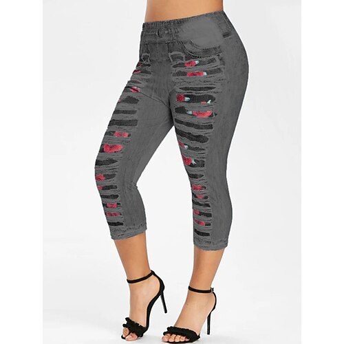 

Women's Pants Trousers Capri shorts Faux Denim Purple Pink Light Blue Mid Waist Fashion Casual Weekend Print Micro-elastic Calf-Length Comfort Graphic S M L XL XXL / Slim